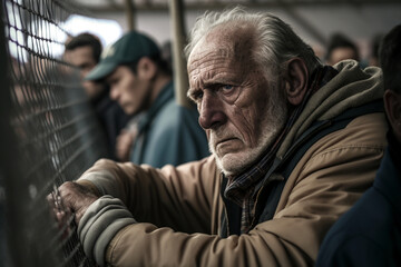 Fototapeta premium old man on a fence, border fence or locked in or locked out, many other people in the background, fictional place. Generative AI