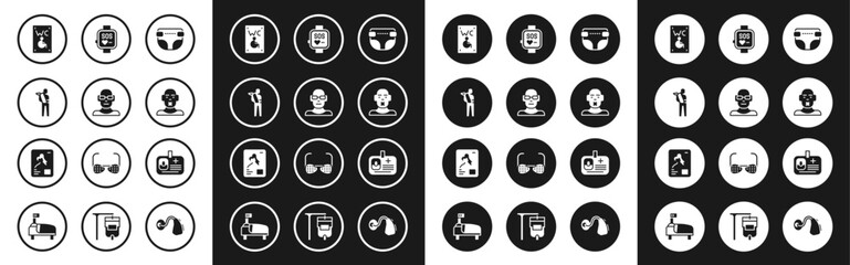 Set Adult diaper, Poor eyesight, Human broken arm, Separated toilet for disabled, Head of deaf and dumb, Smart watch, Identification badge and X-ray shots icon. Vector