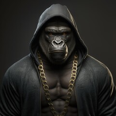 Gorilla in a gangster style wearing hoodie with gold chain. Generative AI