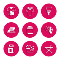 Set Washer, Basin with soap suds, Iron and ironing board, Electric, Laundry detergent, Rubber cleaner for windows and Dirty t-shirt icon. Vector
