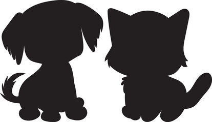kitten and puppy silhouette on white background isolated, vector