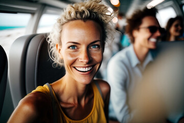 Fototapeta na wymiar on plane, woman flying in a passenger plane and sitting in her seat, big smile as anticipation and positive excitement. Generative AI