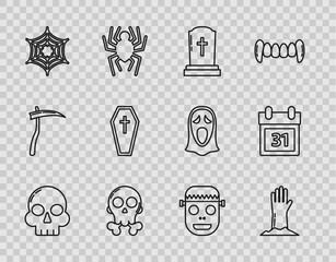 Set line Skull, Zombie hand, Tombstone with cross, crossbones, Spider web, Coffin christian, mask and Calendar Halloween date 31 october icon. Vector