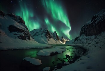 Naklejka premium Aurora Borealis Northern Lights in Winter Arctic Landscape - Generative AI 012