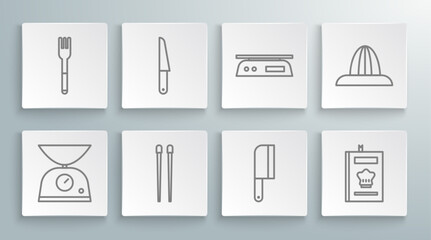Set line Scales, Knife, Food chopsticks, Meat chopper, Cookbook, Electronic scales, Citrus fruit juicer and Fork icon. Vector
