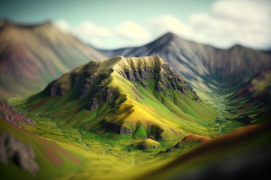 Generative AI, Mountains spring green landscape, houses, trees, road, beautiful countryside. Nature Illustration, photorealistic tilt shift horizontal banner.	
