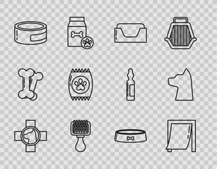 Set line Veterinary clinic symbol, Door for pet, Pet bed, Hair brush dog and cat, Canned food, Bag of, bowl and Cat icon. Vector