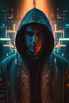 Man hacker with hood with programming codes and symbols. Generative AI