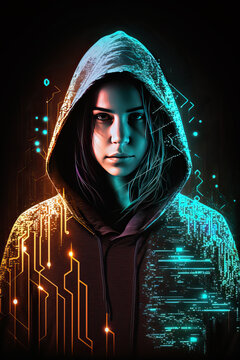 Woman hacker with hood with programming codes and symbols. Generative AI