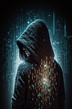 Woman hacker with hood with programming codes and symbols. Generative AI