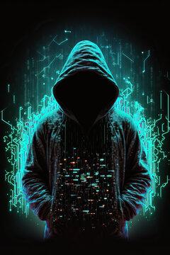 Anonymous hacker with hood with programming codes and symbols. Generative AI
