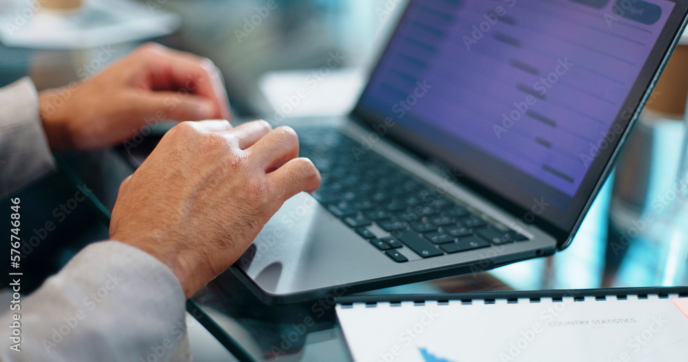 Aufkleber Closeup hands typing, laptop and businessman with schedule planning, calendar and goals for company. Mobile computer keyboard, analytics and data for growth, development or report in modern office