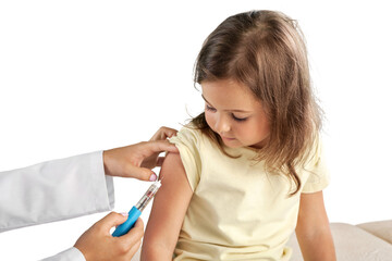 Doctor vaccinating little girl isolated on a white background