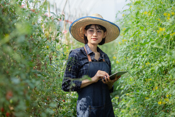 Asian woman farmer using digital tablet in vegetable garden at greenhouse, Business agriculture technology concept, quality smart farmer.