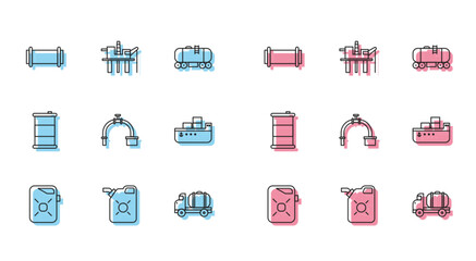 Set line Canister for motor oil, Industry pipe, Tanker truck, and valve, Oil tanker ship, Barrel and platform in the sea icon. Vector