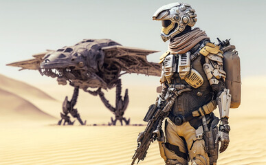 Fototapeta premium a soldier in fictional combat gear and soldier uniform, weapon and desert paint uniform. Generative AI