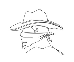 Continuous one line drawing of bandit wearing cowboy hat. Simple cowboy bandit line art vector illustration.   - obrazy, fototapety, plakaty