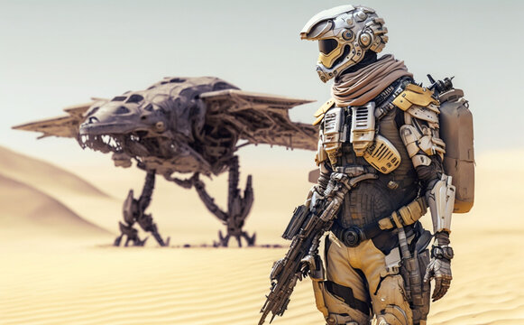 a soldier in fictional combat gear and soldier uniform, weapon and desert paint uniform. Generative AI