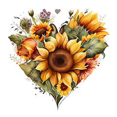 heart shaped Sunflower bouquet, Romantic heart vignette made of vintage flowers and leaves of Sunflower in gentle retro style watercolor painting, PNG transparent background, generative AI.