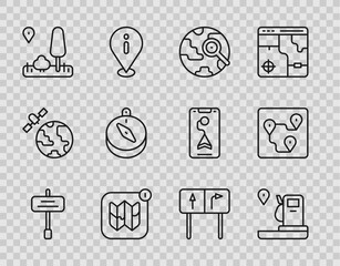 Set line Road traffic sign, Location and gas station, Magnifying glass with globe, Infographic of city map, City navigation, Compass,  and Route location icon. Vector