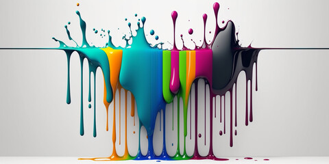 Abstract 3d design background of multicolored paint flowing down a white wall. Dripping colorful liquid. Digital art. created with ai