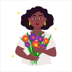 Beautiful black busty woman holds a bouquet of flowers in her hands. Brunette with lush hair. Vector graphic.