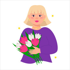 Beautiful buxom woman holds a bouquet of flowers in her hands. Blonde with bob hairstyle. Vector graphic.