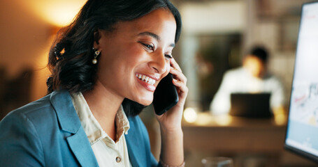Phone call, smile and night with business woman at computer for planning, networking and digital...