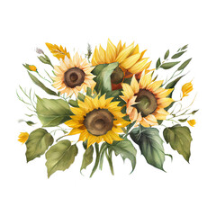 Watercolor floral bouquet composition with Sunflower, png transparent background, generative ai.