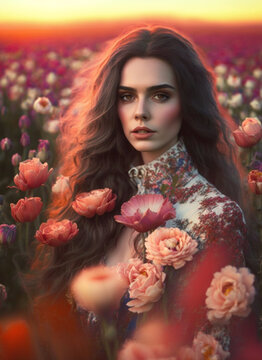 portrait of a young woman in flower field, spring summer fashion, Generative AI