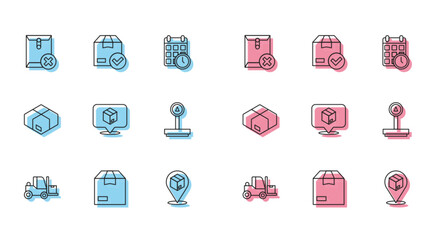 Set line Forklift truck, Carton cardboard box, Delete envelope, Location with, Scale,  and ackage check mark icon. Vector