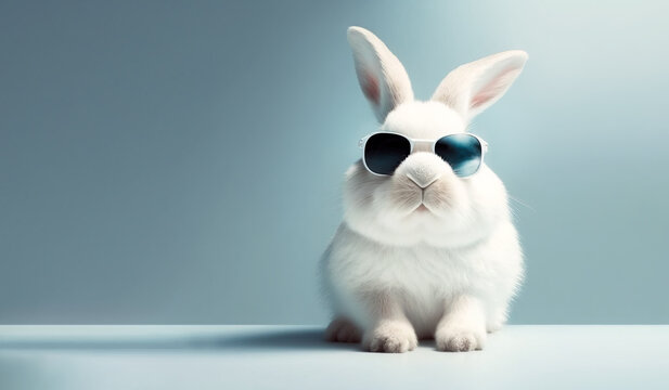Fabulous Cool rabbit wearing shades, white rabbit on blue background with sunglasses.  Image created with generative ai.