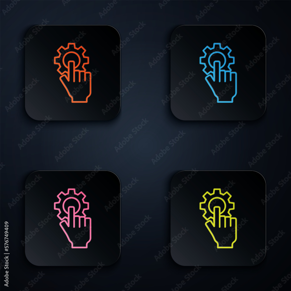 Wall mural color neon line settings in the hand icon isolated on black background. set icons in square buttons.