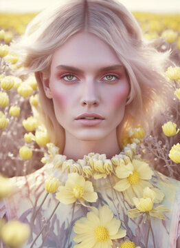 portrait of a young woman  in flower  field, spring summer fashion, Generative AI