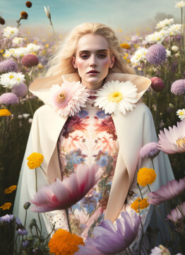 portrait of a young woman  in flower  field, spring summer fashion, Generative AI