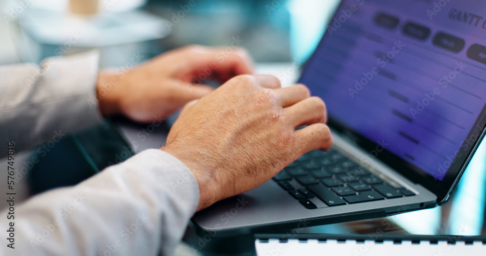 Aufkleber closeup hands typing, laptop and businessman with schedule planning, calendar and goals for company.