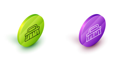 Isometric line Brush for cleaning icon isolated on white background. Green and purple circle buttons. Vector