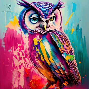 owl on the wall Colorful Hand-Drawn Oil Painting
