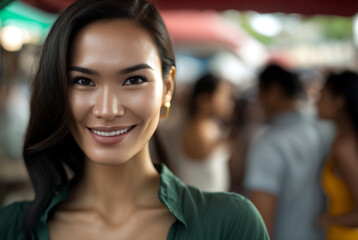 Obraz premium young adult asian woman smiles, in flowery summer dress, thailand or indonesia or philippines, fictitious person and place. Generative AI