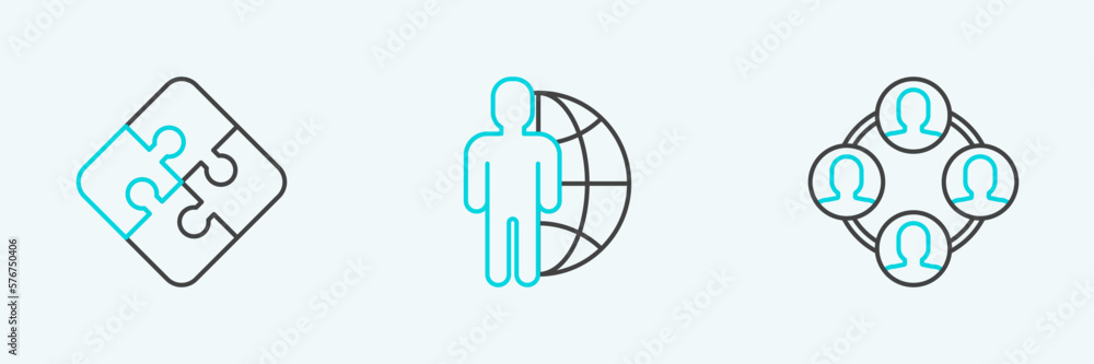 Poster set line project team base, piece of puzzle and globe and people icon. vector