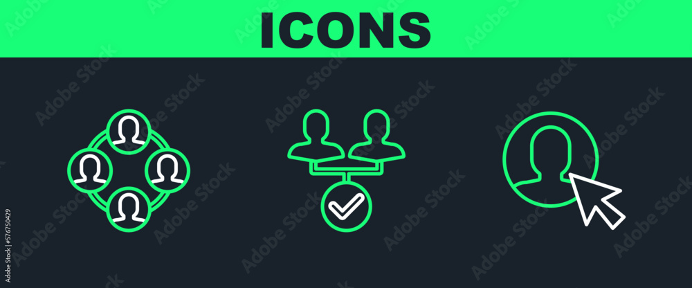 Poster set line user of man in business suit, project team base and icon. vector