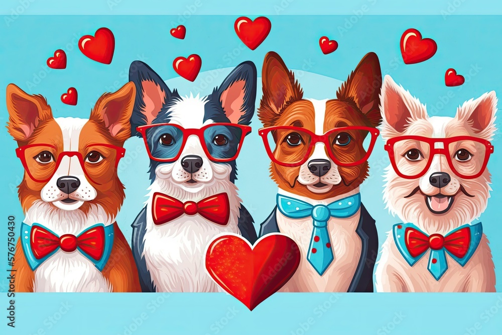 Canvas Prints The five dogs on the banner enjoy decking themselves out for Valentine's Day in festive attire, including a heart shaped sticker, bow tie, glasses, and diadem. Distinct against a light blue background