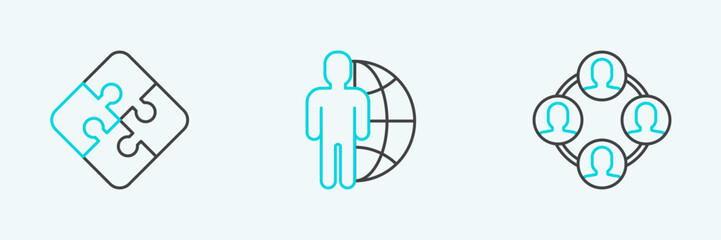 Set line Project team base, Piece of puzzle and Globe and people icon. Vector