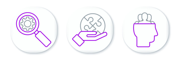 Set line Project team base, Magnifying glass and gear and Piece of puzzle hand icon. Vector