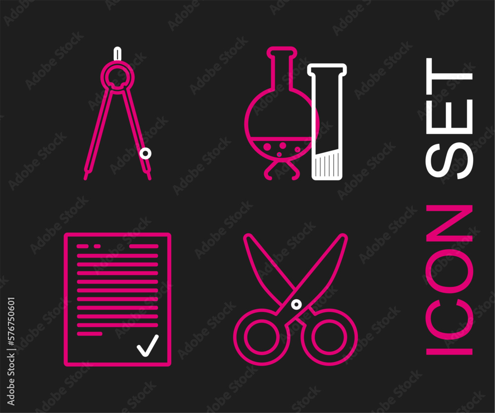 Canvas Prints set line scissors, exam sheet with check mark, test tube and flask chemical laboratory test and draw