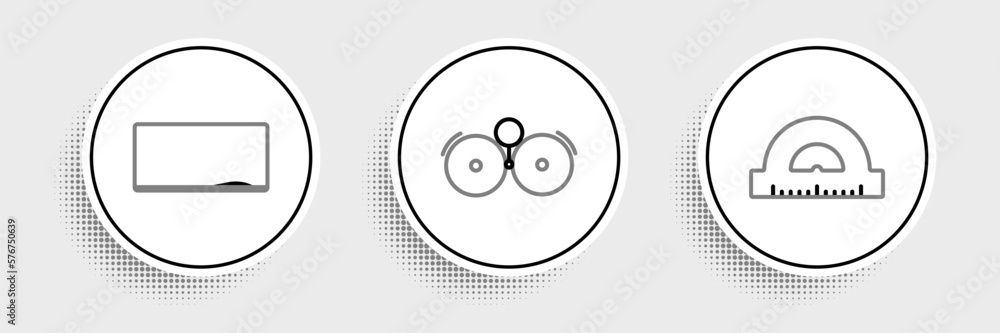 Poster set line protractor grid for measuring degrees, chalkboard and ringing alarm bell icon. vector