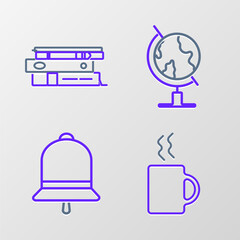 Set line Coffee cup, Ringing bell, Earth globe and Office folders with papers and documents icon. Vector