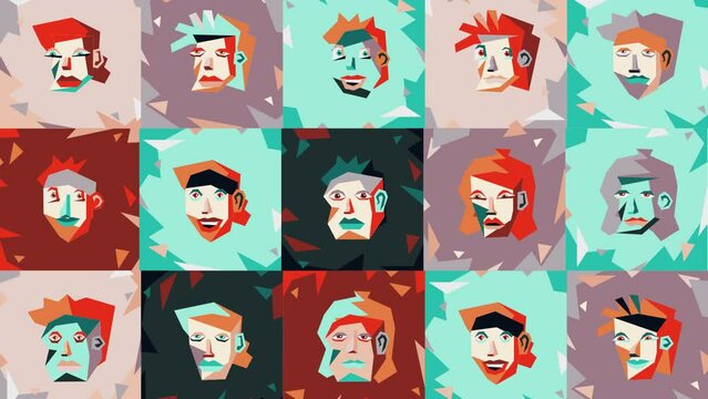 Abstract faces from geometric shapes. Cubist faces. Changing colorful faces. Looped animation.