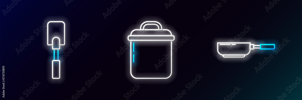 Poster set line frying pan, spatula and cooking pot icon. glowing neon. vector