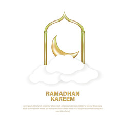 Printclean ramadan kareem greeting card or poster with gold 3d moon, border window and paper cloud. for business needs, feeds, posters, design materials.